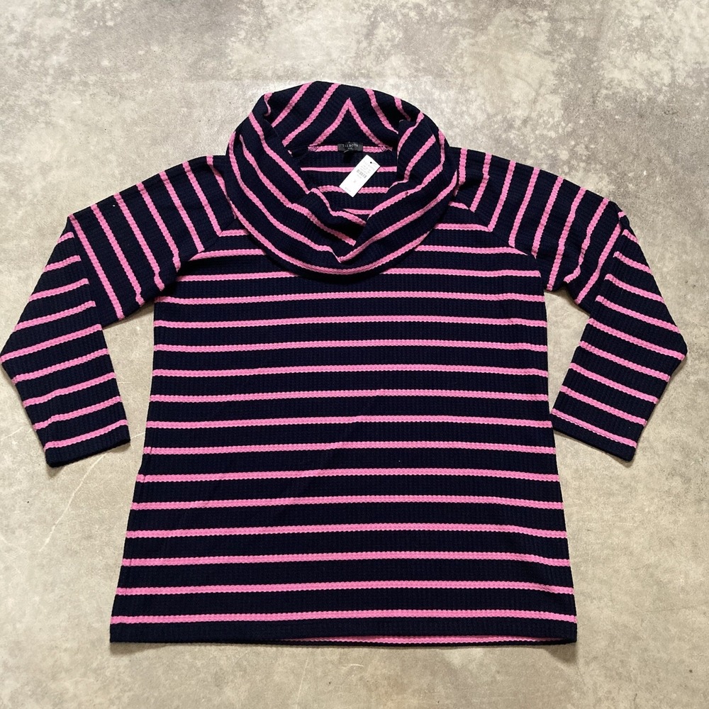 Talbots Women's X Plus Navy Pink Stripe Waffle Knit Cowl Neck Sweater